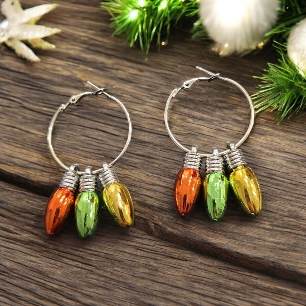 Christmas Lights Festive Holiday Hoop Dangle Earrings